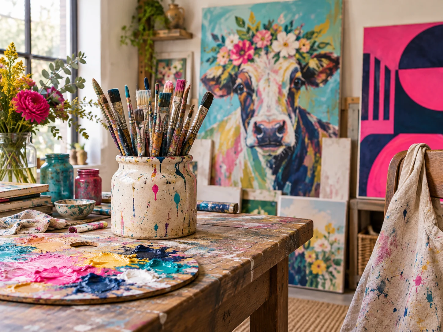 Paintbrushes, palettes and colourful canvases in an artist’s studio