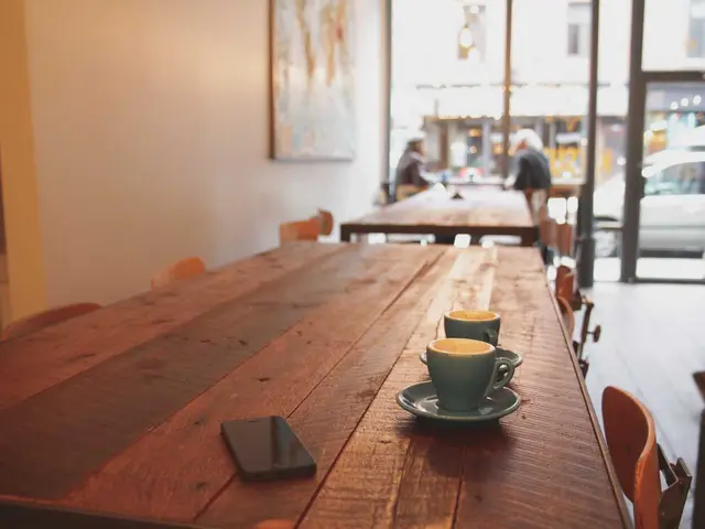 Coffee cups on a wooden café table