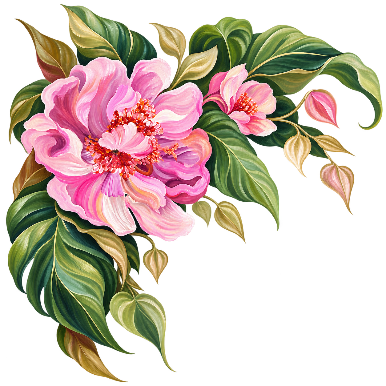 Large pink painted flower with green leaves