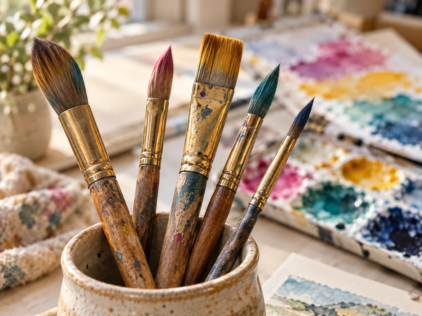 Artist paintbrushes beside a colourful watercolour palette