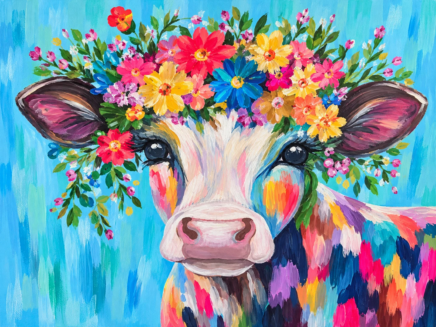 Colourful cow painting with a crown of bright wildflowers