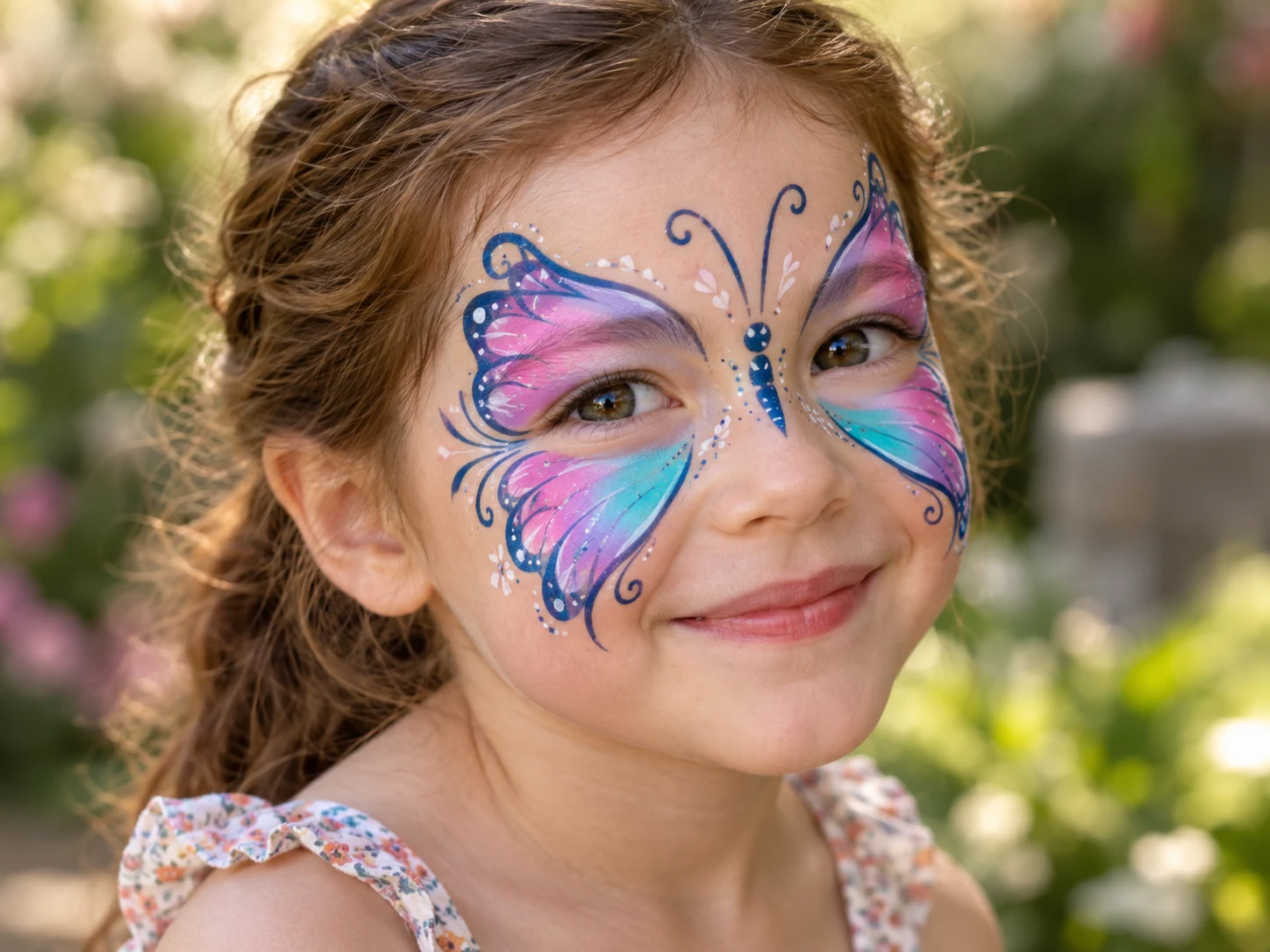 Pink, lilac and turquoise butterfly facepainting