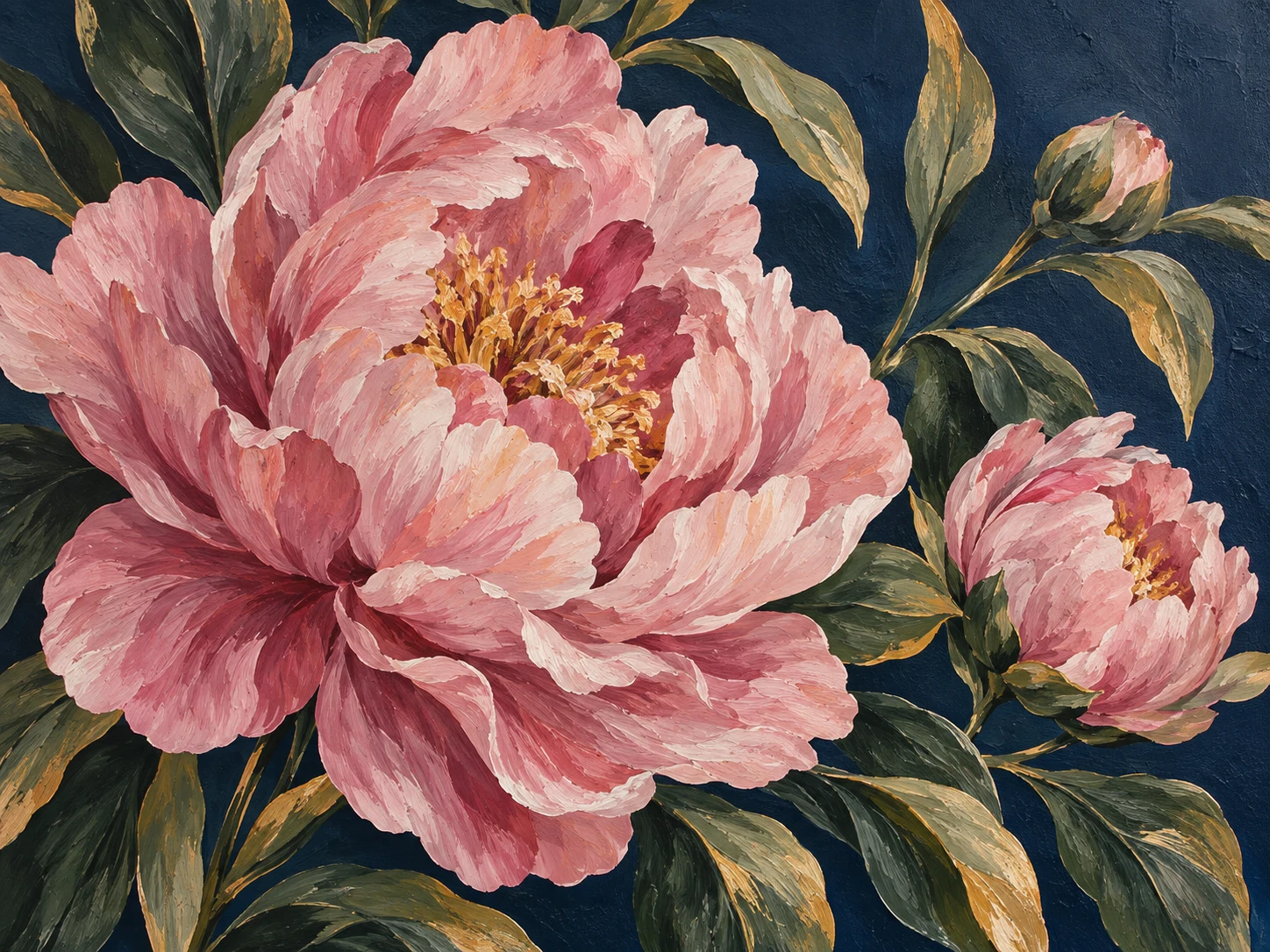 Pink peony mural with green and gold leaves on a navy wall