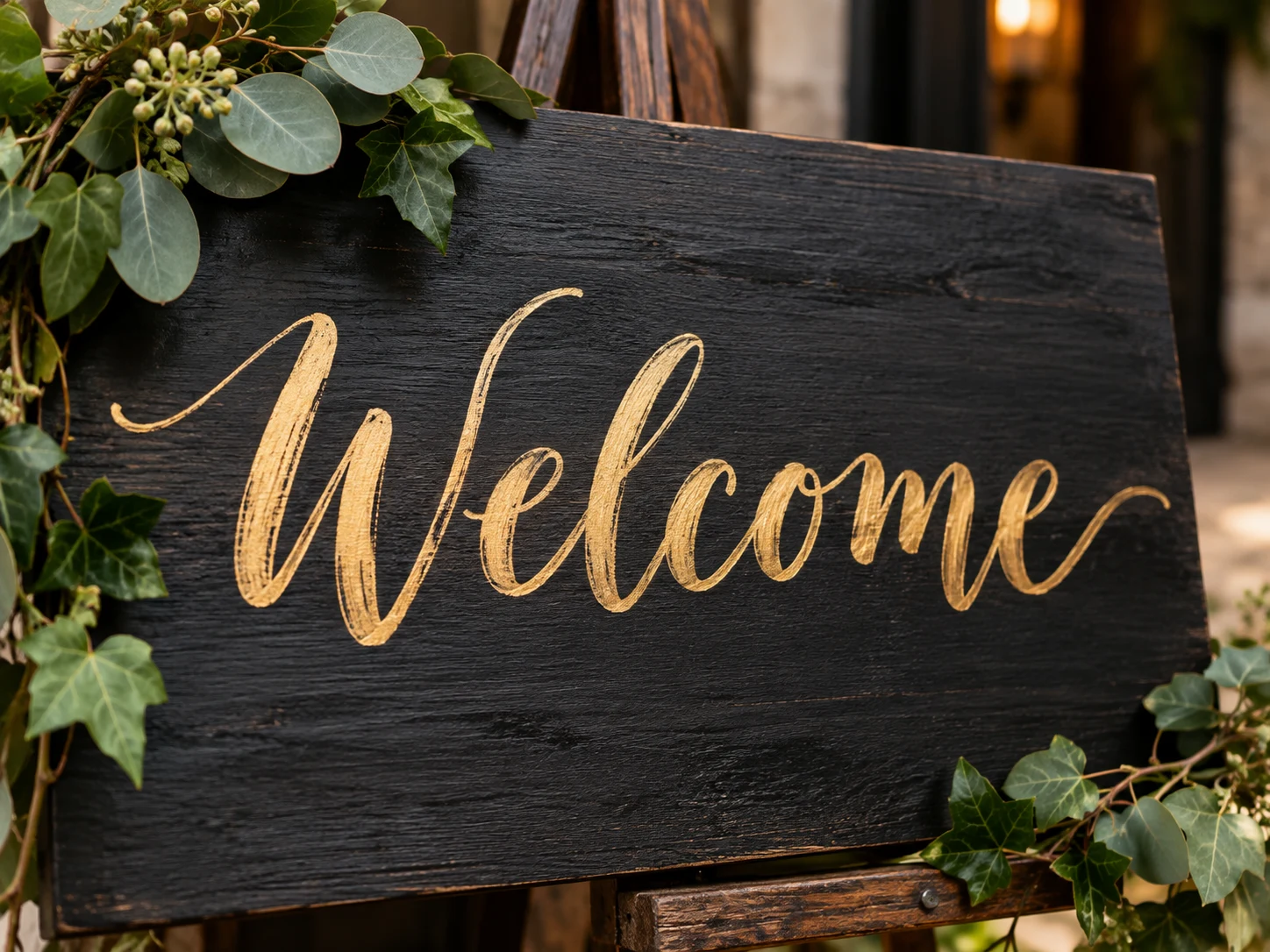 Gold Welcome lettering on a charcoal wooden sign with foliage