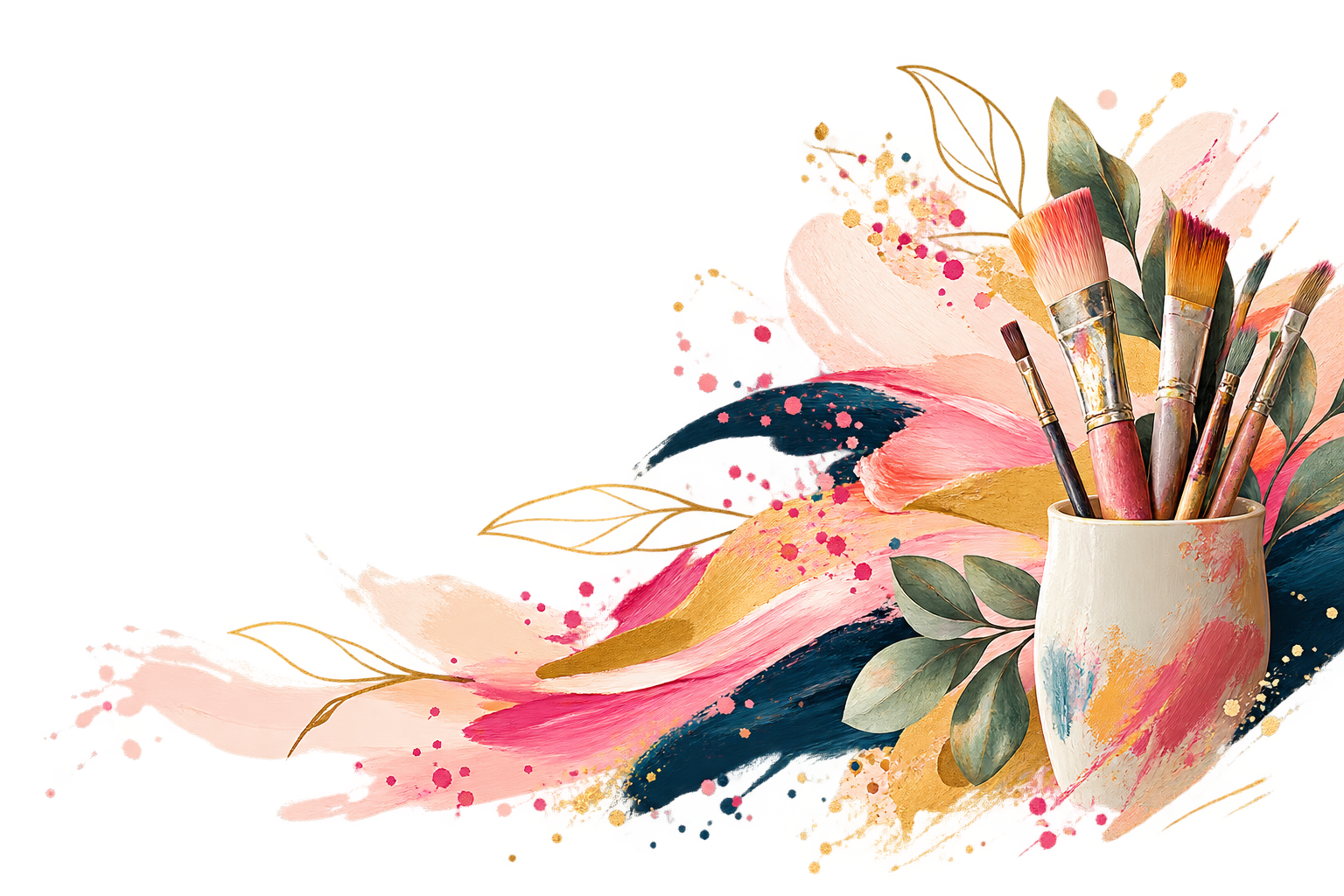Paintbrushes in a painted cup with pink, gold and navy brushstrokes